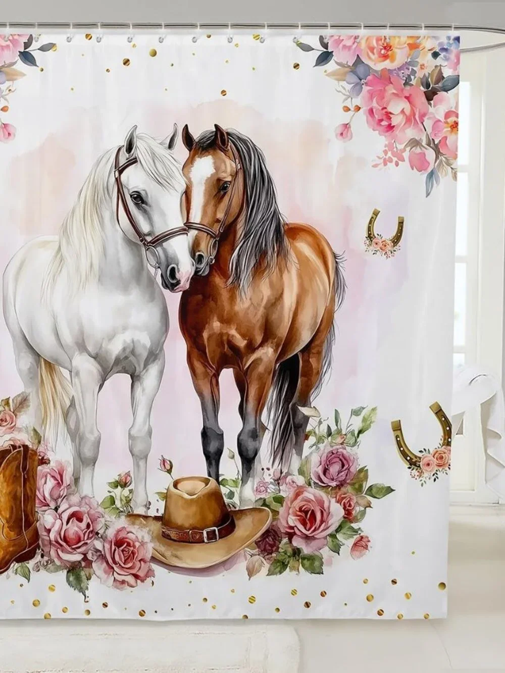 Western Horse Bathroom Decor,Cowgirl Boot Hat Shower Curtain Set for Girls Kids